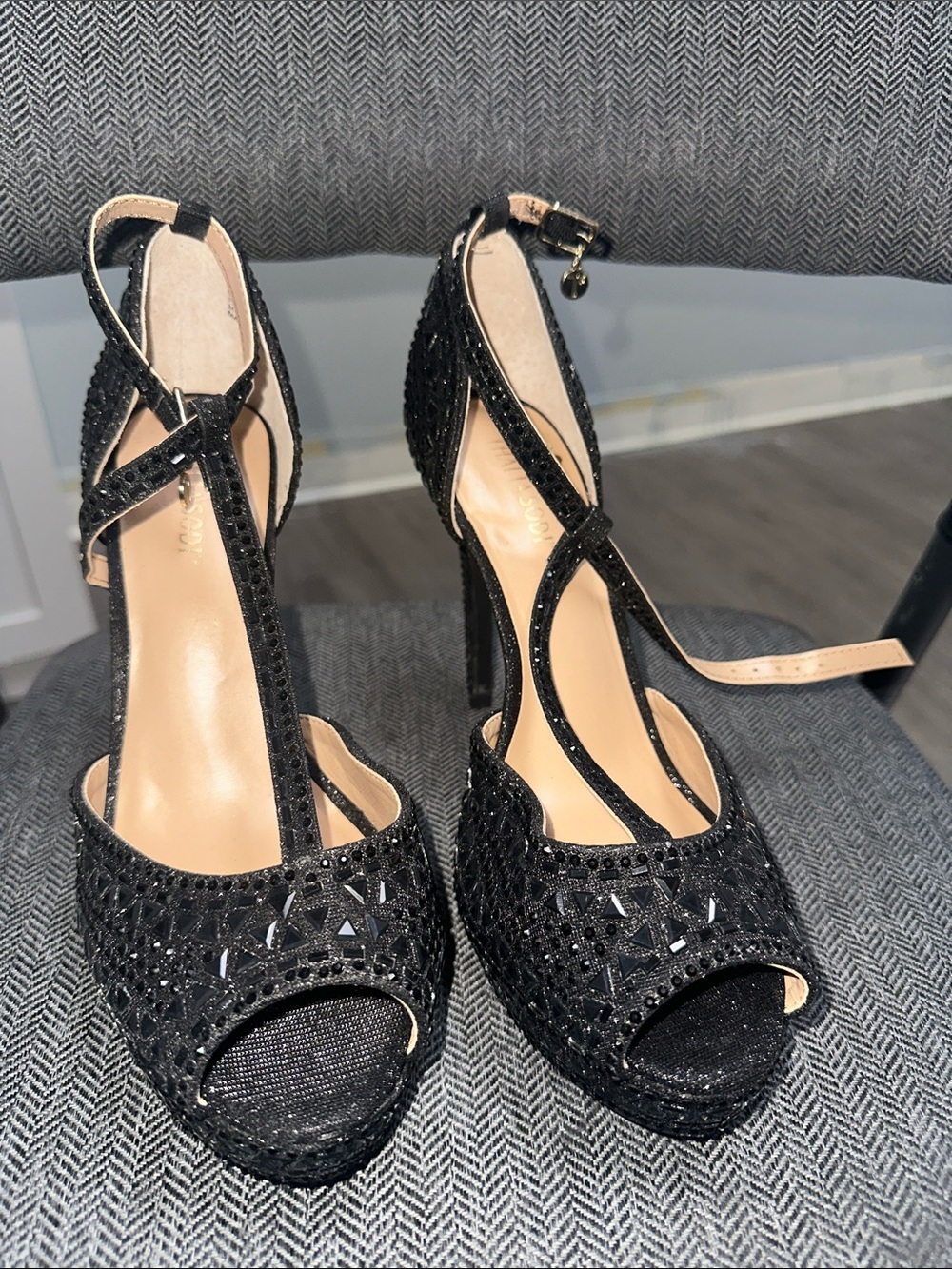 Thalia Sodi Black Crystal T-Strap Platform Heels